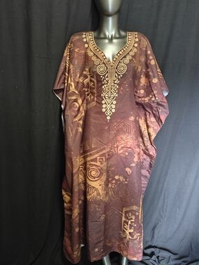 Women's Brown & Gold V-Neck Kaftan Dress